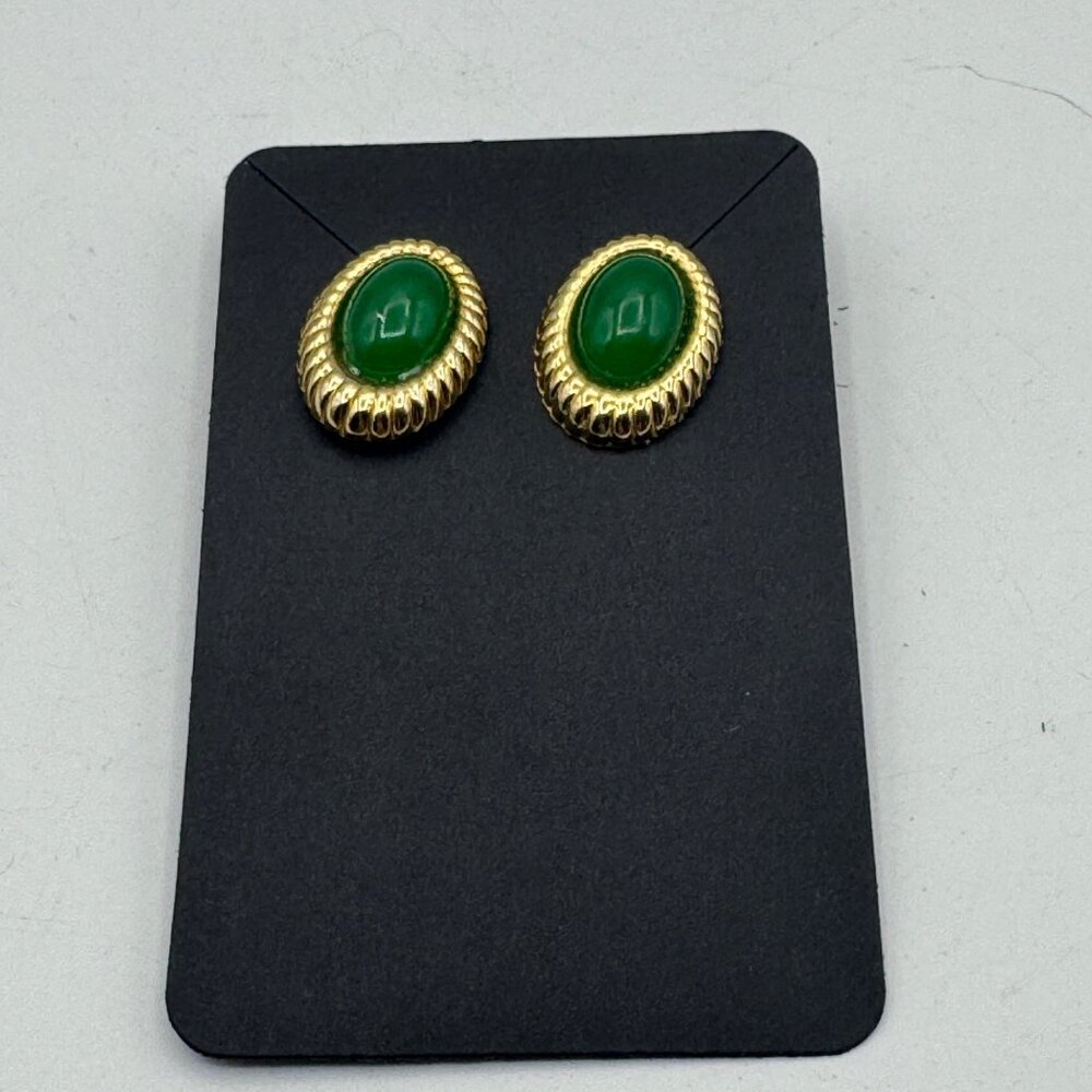 Vintage Oval Gold-Tone Post Back Earrings With Green Faux Gemstone Center